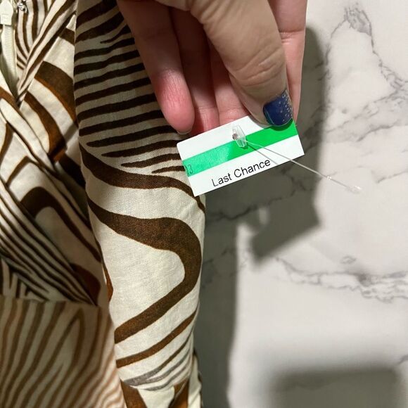 REISS Linen Blend Zebra Print Dress Size 10 Cream Brown Surplice Tie Waist Midi - Picture 6 of 14